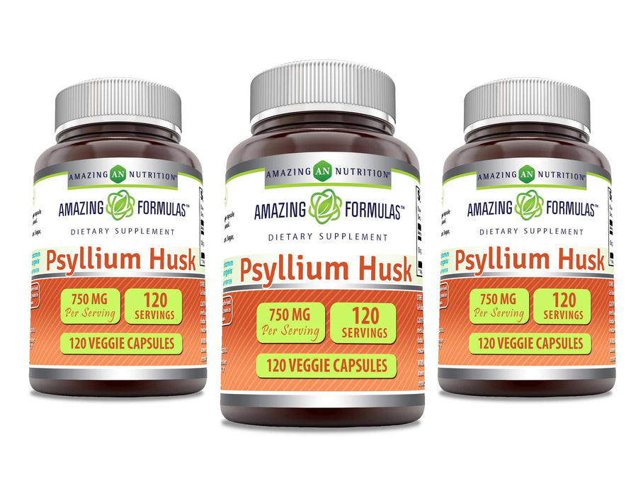 Amazing Formulas Psyllium Husk 750mg Veggie Capsules Supplement | Non-GMO | Gluten Free | Made in USA | Suitable for Vegetarians (120 Count | 3 Pack)