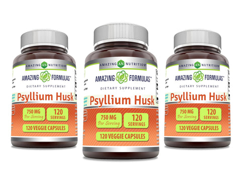 Amazing Formulas Psyllium Husk 750mg Veggie Capsules Supplement | Non-GMO | Gluten Free | Made in USA | Suitable for Vegetarians (120 Count | 3 Pack)