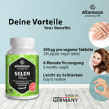 Selen hochdosiert 200 mcg, vegan, 180 Tabletten für 6 Monate, Natürliche & Bioverfügbare Nahrungsergänzung ohne Zusatzstoffe, Made in Germany