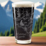 MAP OF MIDDLE EARTH Engraved 16oz Pint Glass | Inspired by Tolkien, Hobbits, & Middle Earth | Great Christmas Gift Idea | Unique Elvish Hobbit Wizard Fantasy Decor!