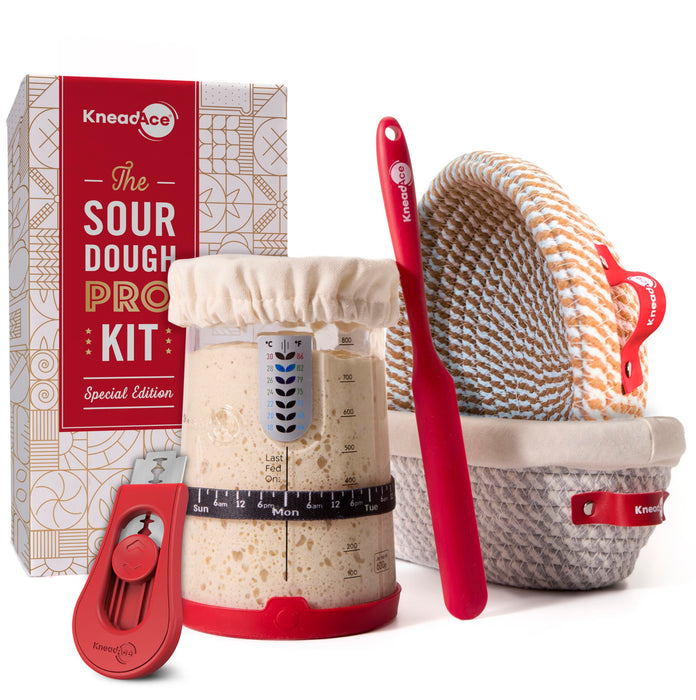 KneadAce Sourdough Starter Kit – 34oz Starter Jar, 2 Cotton Rope Banneton Proofing Baskets, Magnetic Bread Lame for Scoring – Gift for Bakers & Complete Sourdough Bread Baking Set