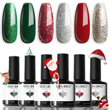 modelones Christmas Gel Nail Polish Set 6 Colors, Winter Sparkle Dark Green Red Glitter Silver Champagne Rose Gold New Year Shades Shopping Gel Polish Kit Fall Soak Off Nail Art Manicure Home Gift