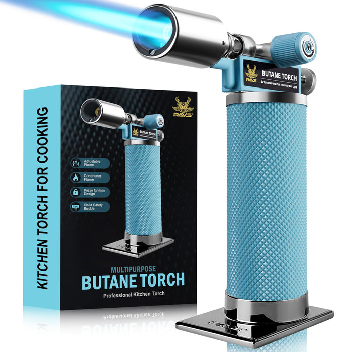 RAVS Butane Torch Lighter, Refillable Kitchen Torch with Safety Lock and Adjustable Flame, Creme Brulee Torch for Baking, BBQ, Blue Blow Torch for Cooking, Mens Gifts, Butane Gas Not Included