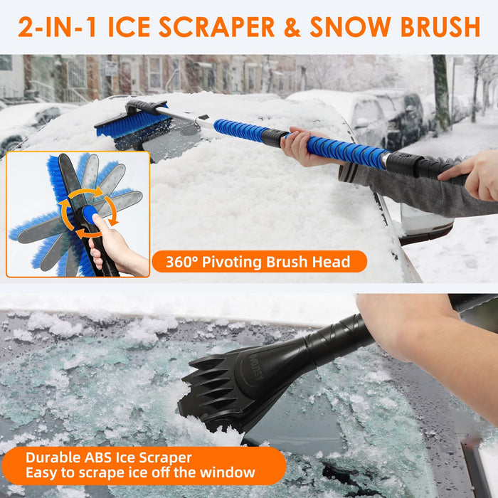 AstroAI 62.4" Ice Scraper and Extendable Snow Scraper for Car Windshield with Foam Grip and 360° Pivoting Brush Head for Christmas Car Auto Truck SUV(Blue)