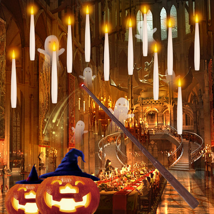 NURADA Floating Candles for Halloween Decorations - LED Hanging Flameless Taper Candles with Magic Wand Remote Timer Flickering Battery Operated for Christmas Window Decor - White 12 Pack