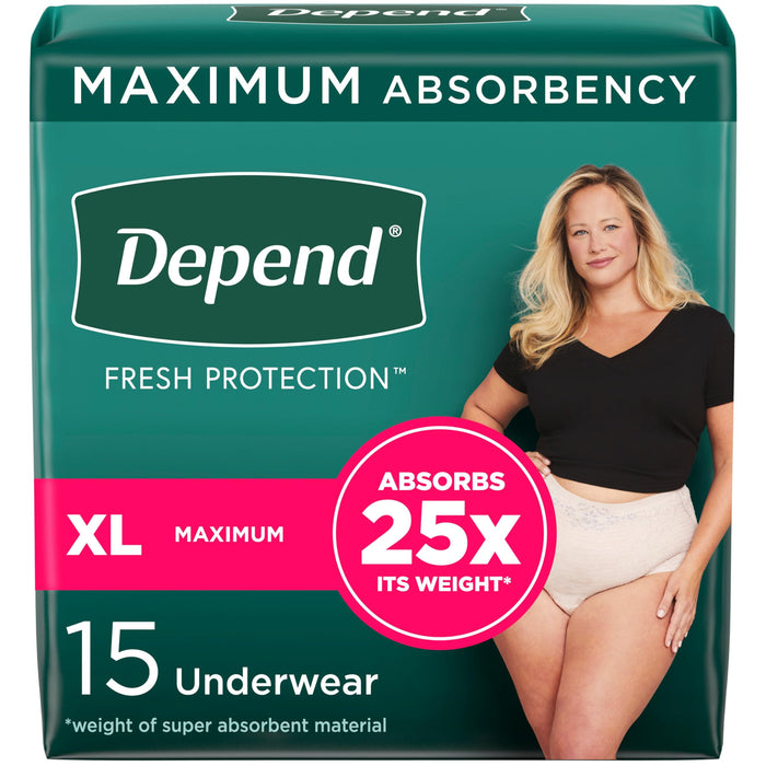 Depend Fresh Protection Adult Incontinence & Postpartum Bladder Leak Underwear for Women, Disposable, Maximum, Extra-Large, Blush, 15 Count, Packaging May Vary