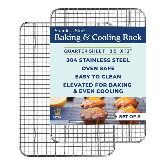 Ultra Cuisine Oven-Safe, Dishwasher-Safe 100% Stainless Steel Cooling & Baking Rack Set - Tight-Wire Bake for Oven Cooking - Heavy Duty - 8.5x12 - Set of 2 - Small Quarter Sheet Pan Cooling Racks