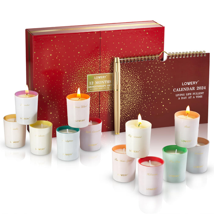 Womens Gifts, Candle Gifts for Women with 2024 Wall Calendar, 12 Unique Scented Aromatherapy Soy Candles & Gold Pen, 12 Month Advent Calendar, Home Candle Birthday Gift Set for Women & Men