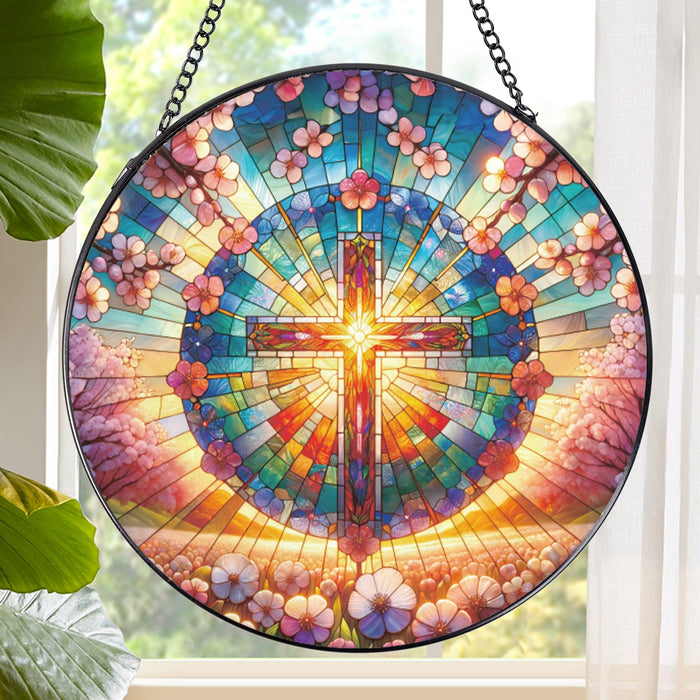 Rngmsi Cross Stained Glass Window Hanging, 7.8″ Sun Catchers with Hook Indoor Window Decor, Decorative Suncatchers Home Garden Art Gift for Thanksgiving Christmas Housewarming