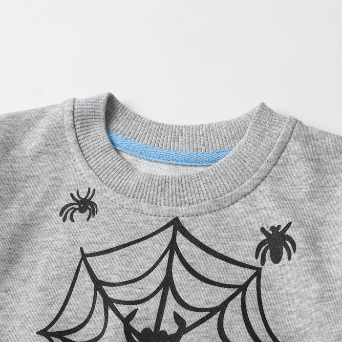 HILEELANG Little Boy Sweatshirts Halloween Grey Spider Graphic Crewneck Long Sleeve Pullover Cotton Top Sweater Shirts 6 Years