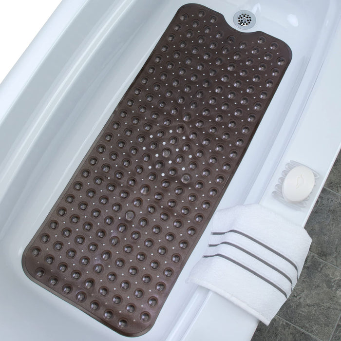 SlipX Solutions Power Grip Extra Long Bath Tub & Shower Mat 39x16, Wet Floor Non-Slip for Elderly & Kids Bathroom, 30% Longer Bathtub Mats, 200 Suction Cups, Drain Holes (1, Translucent Bronze)