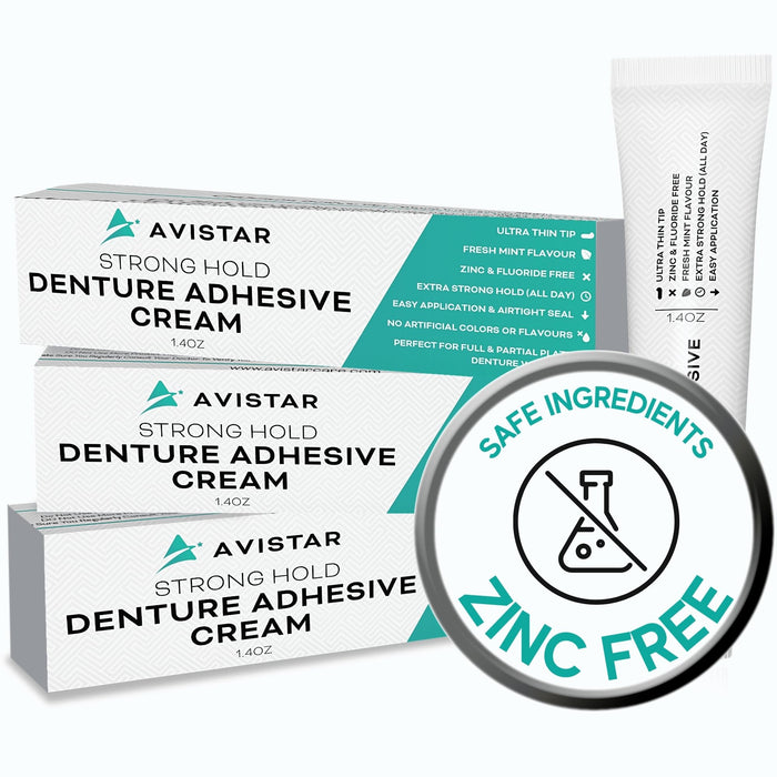 Extra Strong Denture Glue, Denture Adhesive Cream - 12 Hour Hold Pegamento para Dientes, Zinc Free Denture Cream Glue for Teeth, Dental Adhesive for Dentures, Denture Care, Mint (3 Pack, 4.2 Fl Oz)