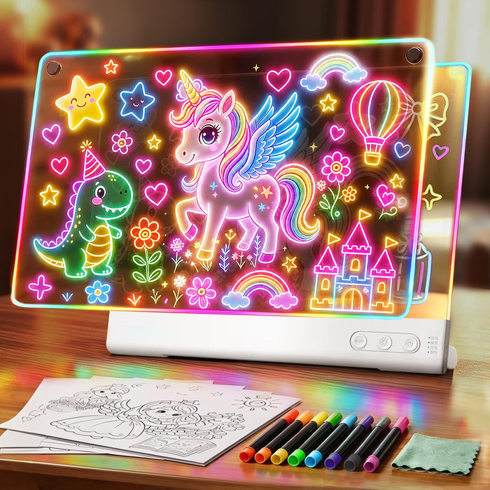 16" LED Drawing Board for Kids with Dual Panels, Light Up Glow Art Tablet with 15 Lighting Effects, Detachable Washable Doodle Pad for Creative Play, Christmas & Birthday Gift for 3-12 Year Old Girls