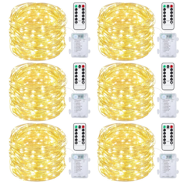 Mlambert 6 Pack 33FT Fairy Lights Battery Operated with Remote and Timer, Dimmable Waterproof 8 Modes Light for Bedroom Dorm Christmas-Warm White