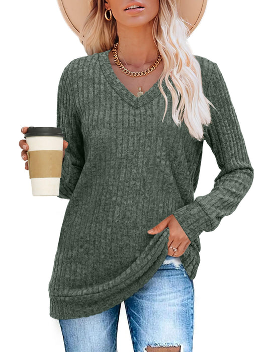 SAMPEEL Womens Long Sleeve Tops Casual V Neck Fall T Shirts Christmas Sweaters Winter Clothes Green M