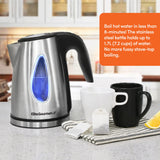 Elite Gourmet EKT-1271 Ultimate 1.7 Liter Electric Kettle – Stainless Steel Design & Cordless 360° Base, Stylish Blue LED Interior, Handy Auto Shut-Off Function – Quickly Boil Water For Tea & More