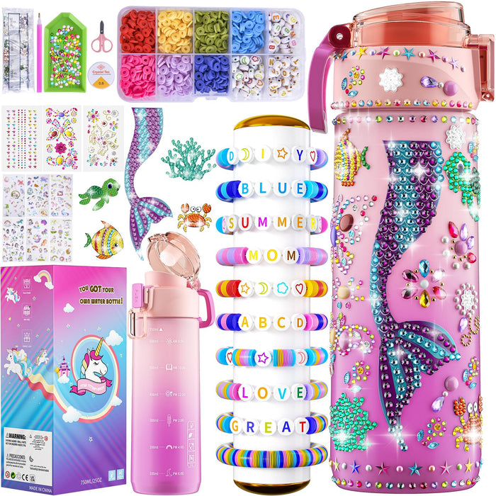 BOOH Decorate Your Own Water Bottle Kits for Girls Age 4-12, Fun Arts and Crafts for Girls Age 4-12, Friendship Bracelet Kit & Mermaid Tail Toys for Ages 6-12, Birthday Gifts Christmas School