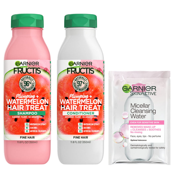 GARNIER Fructis Plumping Shampoo and Conditioner Set for Volumizing and Moisturizing Fine Hair, Watermelon Extract, 11.8 oz each,Micellar Water Sample included