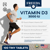 FREEDA Vitamin D3-3000 IU - Pure High Potency Kosher Supplement Tablets - Bone and Muscle Health, Calcium Absorption, Immune Support for Men and Women* - 100 Tiny Tablets