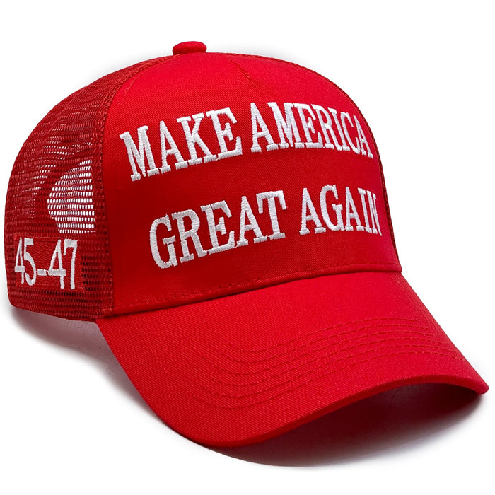 Donald Trump 2024 45-47 MAGA Hat Make America Great Again Slogan with USA Flag Adjustable Baseball Cap Mesh-Back Cap (US, Alpha, One Size, Red 45-47 MAGA Hat)