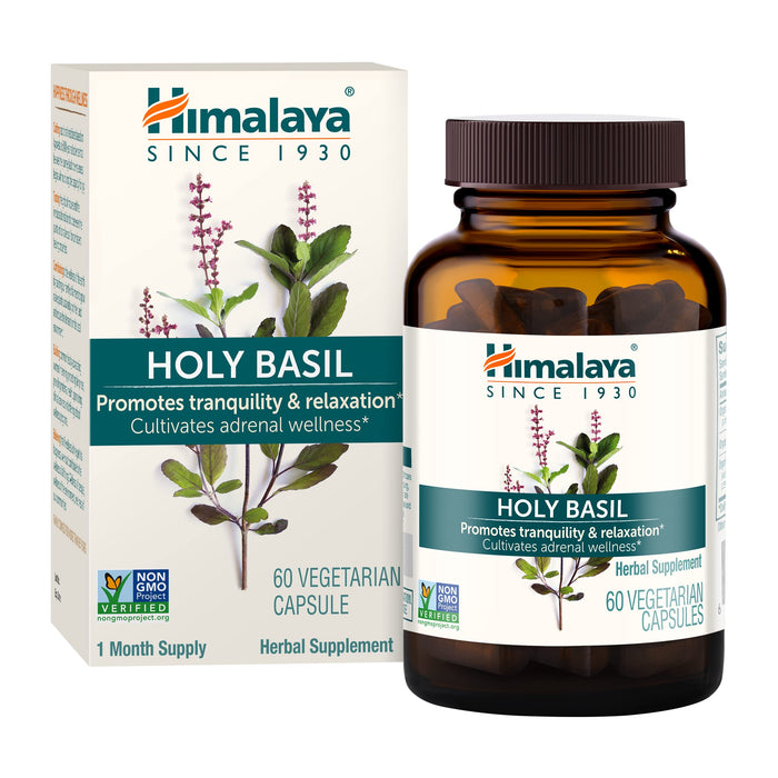 Himalaya Holy Basil Tulsi Herbal Supplement, Stress Relief, Relaxation, Occasional Sleeplessness, Promotes Calm, Energy Support, Ayurvedic, Non-GMO, Vegan, 720 mg, 60 Capsules, 30 Day Supply