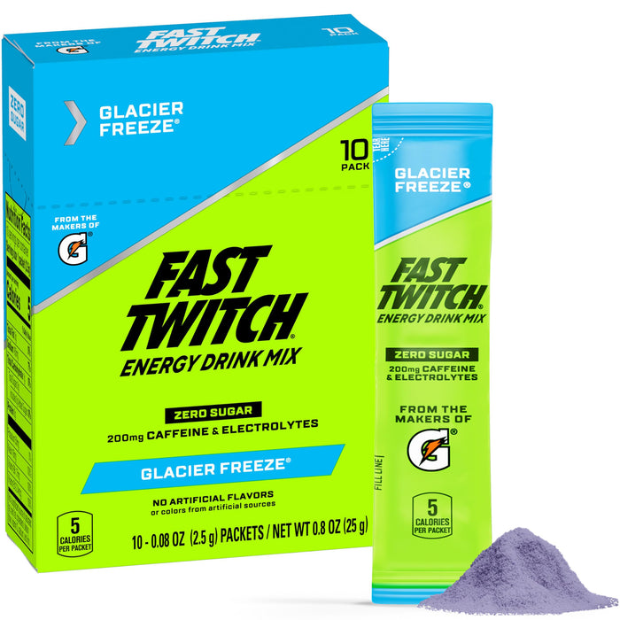 Fast Twitch Energy Drink Mix from Gatorade Powder Sticks, Glacier Freeze, 0.08oz Individual Packets,10 Pack, Zero Sugar, Caffeine, Electrolytes