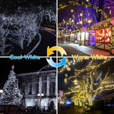 (Warm White ⇋ Cool White）Solar Christmas String Lights Outdoor, 4-Pack Total 160FT 400 LED Solar Twinkle Lights, Waterproof Copper Wire 8 Modes Solar Fairy Lights for Garden Tree Christmas Party Decor