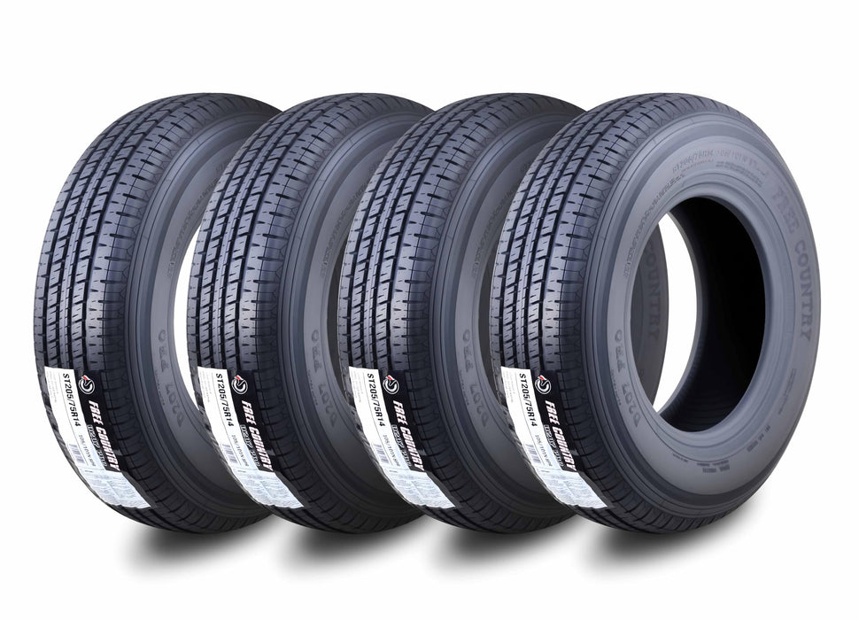Free Country Grand Ride Set 4 Trailer Tires ST 205/75R14 8 Ply Load Range D Steel Belted Radial w/Featured Scuff Guard