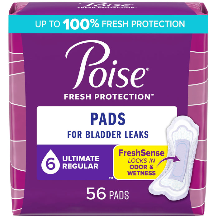 Poise Incontinence Pads and Postpartum Incontinence Pads, 6 Drop Ultimate Absorbency, Regular Length, 56 Count (Pack of 2), Packaging May Vary