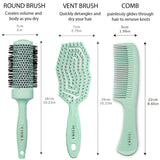 Hair Brush Set For Women - Fiora Naturals Hair Detangler Brush, Round Brush, and Comb Set - Bio-friendly Hairbrushes for Detangling and Blow Drying - For All Hair Types, Natural, Fine & Curly.