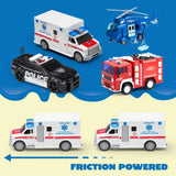 JOYIN 4 Packs Emergency Vehicle Toy Playsets, Friction Powered Vehicles with Light and Sound, Including Fire Truck, Ambulance Toy, Play Police Car and Toy Helicopter, Christmas Toddler Kids Boys Gifts