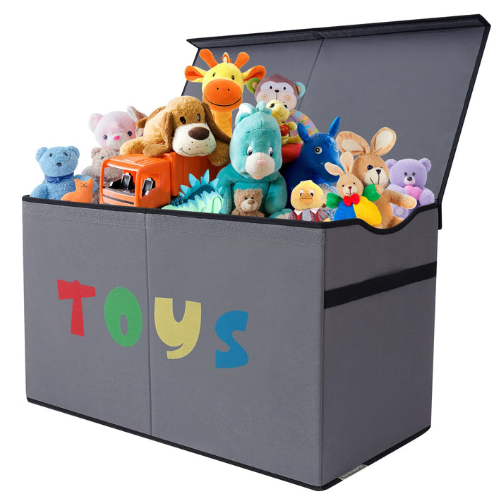 YOLOXO Toy Box Chest, Collapsible Sturdy Storage Bins with Lids, Extra Large Kids Toy Storage Organizer Boxes Bins Baskets for Kids, Boys, Girls, Nursery Room, Playroom, Closet (A-TBX-GRAY-MULTI)