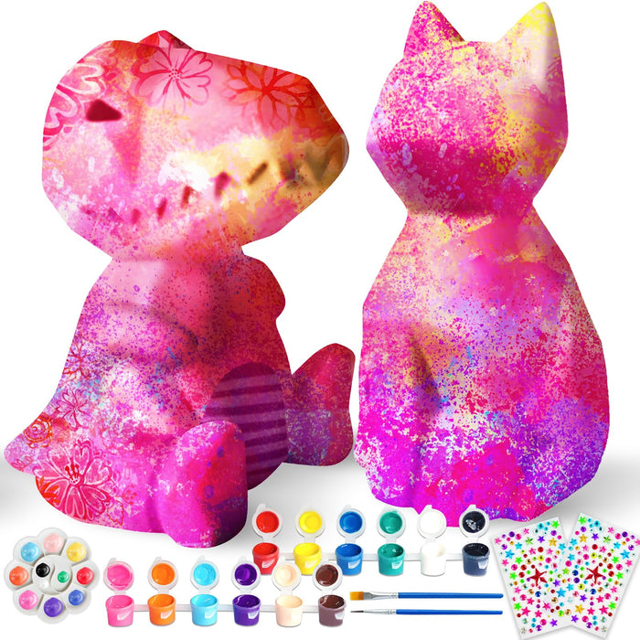 Goodyking Paint Your Own Cat & Dinosaur Lamp Art Kit 2pcs, DIY Night Light, Christmas Crafts for Teens, Painting Kit for Girls Boys Age 4 5 6 7 8+, Art Supplies Cat Craft Gift for Birthday, Party