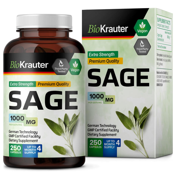 MAUWE HERBS Sage Supplement Capsules - Body Odor Supplement with Organic Salvia Officinalis 1000 mg - Immune & Digestive Support - Rich in Antioxidants - 250 Vegan Capsules