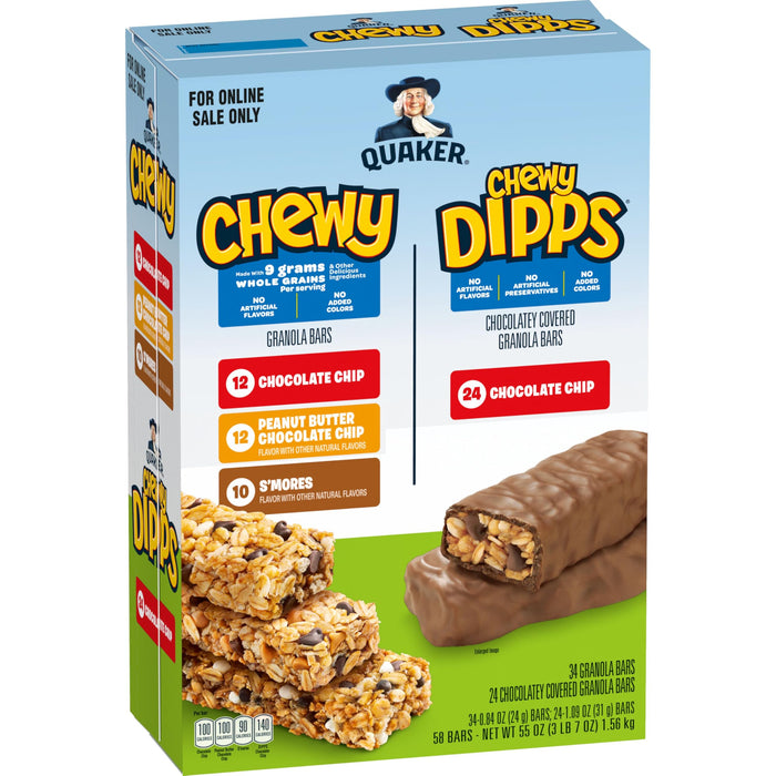Quaker Chewy Granola Bars, Chewy & Dipps 4 Flavor Variety Pack, 58 Pack, Chocolate Chip, Peanut Butter Chocolate Chip, Smores flavors