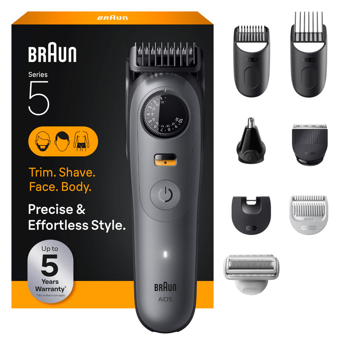 Braun Series 5 All-in-One Beard & Body Grooming Kit for Men, Cordless Trimmer, Hair Clippers & Shaver for Face, Hair & Body with Smooth Shave Head, AIO 5510