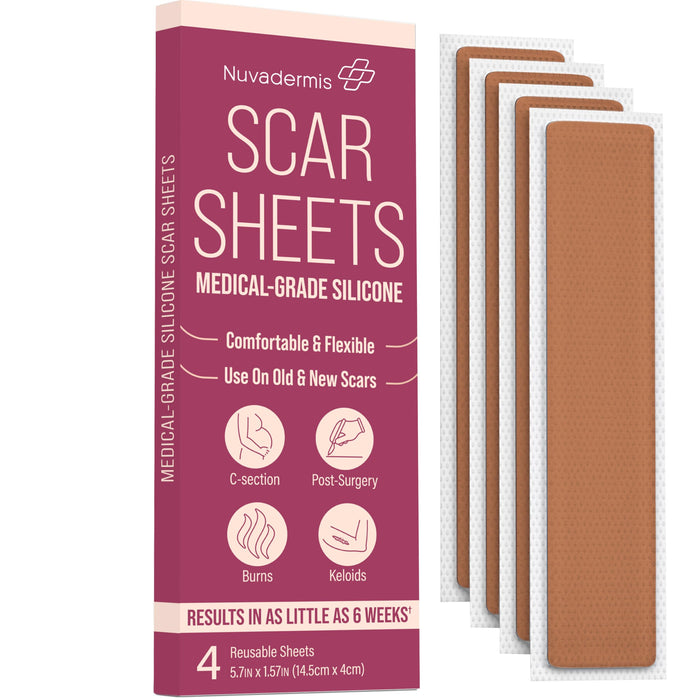 NUVADERMIS Silicone Scar Sheets – Extra Long Medical-Grade Scar Sheets for C-Section, Tummy Tuck, Keloid, and Surgical Scars – Reusable and Effective – Pack of 4 – Medium Tone