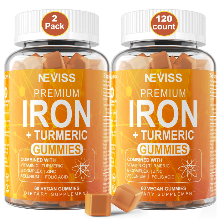 Iron Supplement for Women Men, 25mg Carbonyl Iron Gummies w/ Turmeric 600mg,98% High Purity,70% Bioabsorption,High Potency Gentle Vegan Iron w/ Vitamin C,B12,Folate for Iron Deficiency & Anemia, 2Pack