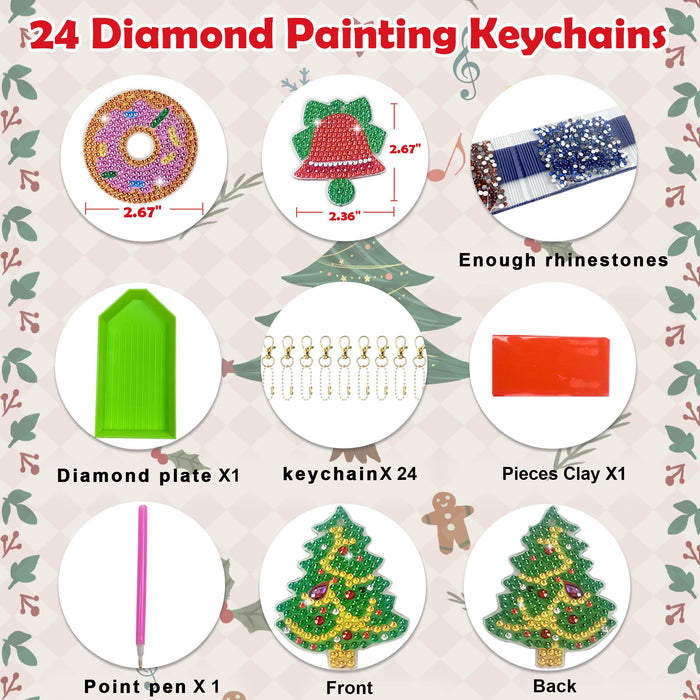 Advent Calendar 2023 Christmas Diamond Painting Keychains Kit, 24 Pcs Surprise Double Sided Christmas Diamond Art Keychains for Girls, DIY Painting by Number Christmas Gift Ideas for Kids Adults