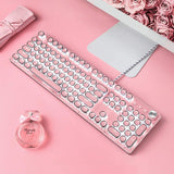 CHICHEN Retro Steampunk Typewriter-Style Gaming Keyboard, Blue Switches,Pure White Backlight, USB Wired, for PC Laptop Desktop, Stylish Pink Mechanical Keyboard Round Keycaps