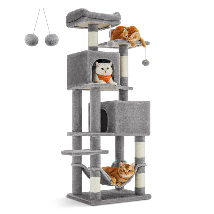 Feandrea Cat Tree, 61-Inch Cat Tower for Indoor Cats, Plush Multi-Level Cat Condo with 5 Scratching Posts, 2 Perches, 2 Caves, Hammock, 2 Pompoms, Light Gray UPCT192W01