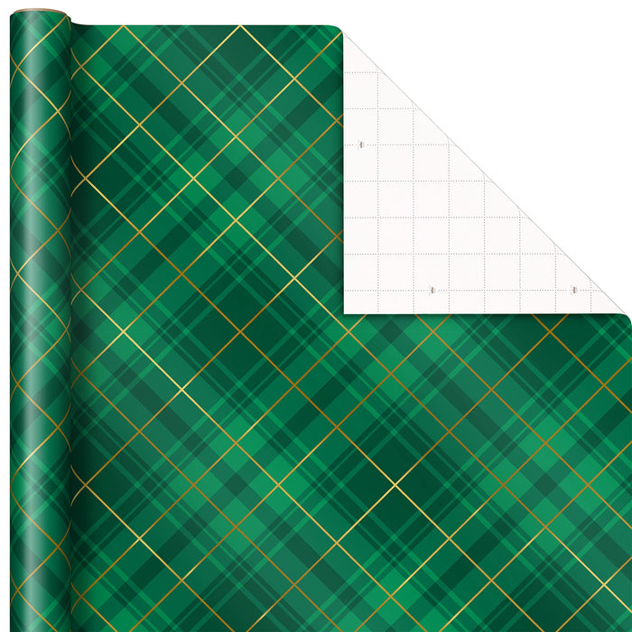 Hallmark Elegant Christmas Wrapping Paper with Cut Lines on Reverse (3 Rolls: 120 sq. ft. ttl) Gold Trees, Emerald Green Plaid, Gold Geometric Snowflakes