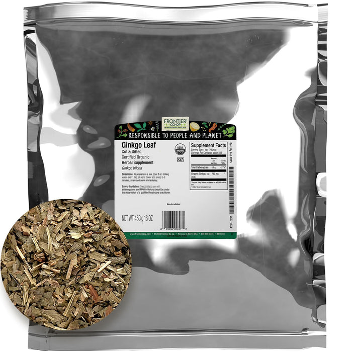 Frontier Co-op Ginkgo Leaf, Cut & Sifted, Certified Organic, Kosher | 1 lb. Bulk Bag | Ginkgo biloba L.