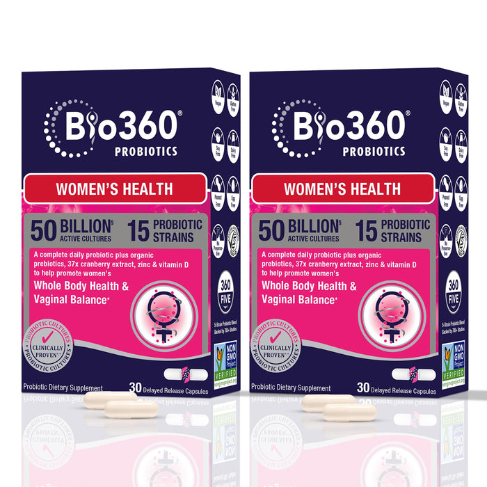 Bio360 Women's Probiotic Supplement, Digestive, Immune, Vaginal & Urinary Health, 15 Diverse Strains 50 Billion CFU, Organic Prebiotic Fibers, 37X Cranberry Extract, Zinc & Vitamin D3, 30CT (2 Pack)