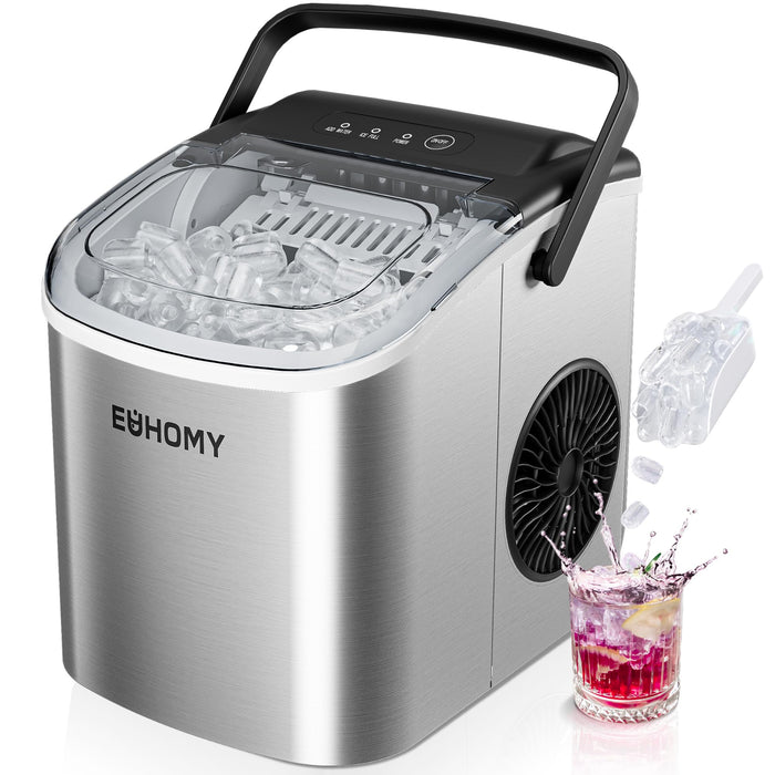 EUHOMY Countertop Ice Maker Machine with Handle, 26lbs Per Day, 9 Ice Cubes Ready in 6 Mins, Auto-Cleaning Portable Ice Maker with Basket and Scoop, for Home/Kitchen/Camping/RV (Silver)