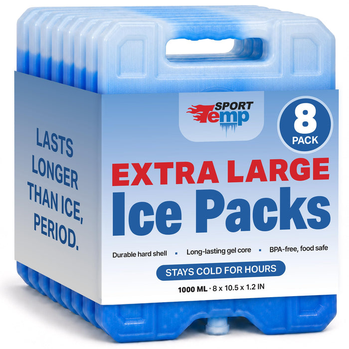 Sport Temp Reusable X-Large Ice Pack (8 Pack) Long Lasting - Perfect for Keeping Food Or Beverages Cold, Coolers, Camping, Beach Coolers, Hiking & More, Clear Blue