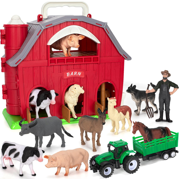 Farm Animals Toys for 1 2 3 4 5 Year Old Toddlers Girls Boys, Big Red Barn Farm with Figures Animals and Tractor Toys for Kids, Farm Playset Educational Learning Toys, Ideal Christmas Birthday Gifts