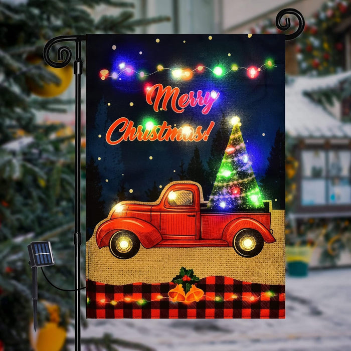 FLAGMESAGE Merry Christmas Lighted Garden Flag, LED Red Truck Flag, Vertical Christmas Flag for Outdoor Yard Garden Lawn Decoration