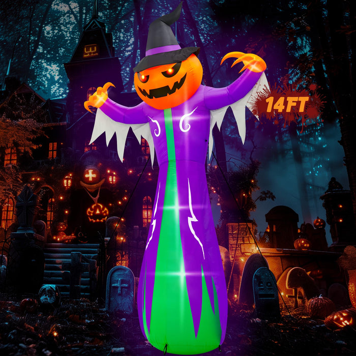 14FT Halloween Inflatables Decorations, Giant Halloween Inflatables Pumpkin Ghost with Witch Hat, Pre-lit Blow Up Halloween Inflatables Decor for Haunted House Halloween Outdoor Party Yard Lawn