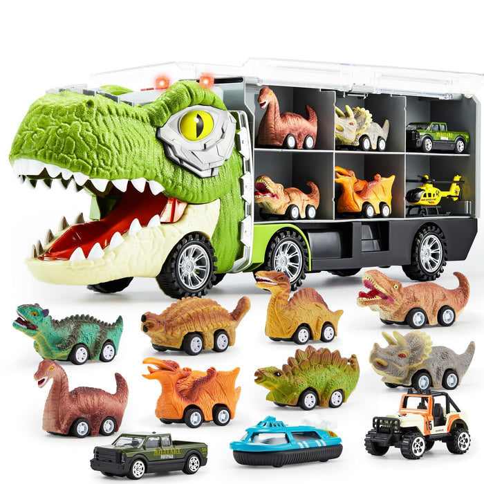 JOYIN 13 in 1 Dinosaur Toys for Kids 3-5, Dinosaur Truck with 12 Pull Back Cars, Birthday Gifts Toys for 3 4 5+ Year Old Boy, Transport Carrier Truck for Toddlers, Christmas Great Gifts for Grandkids